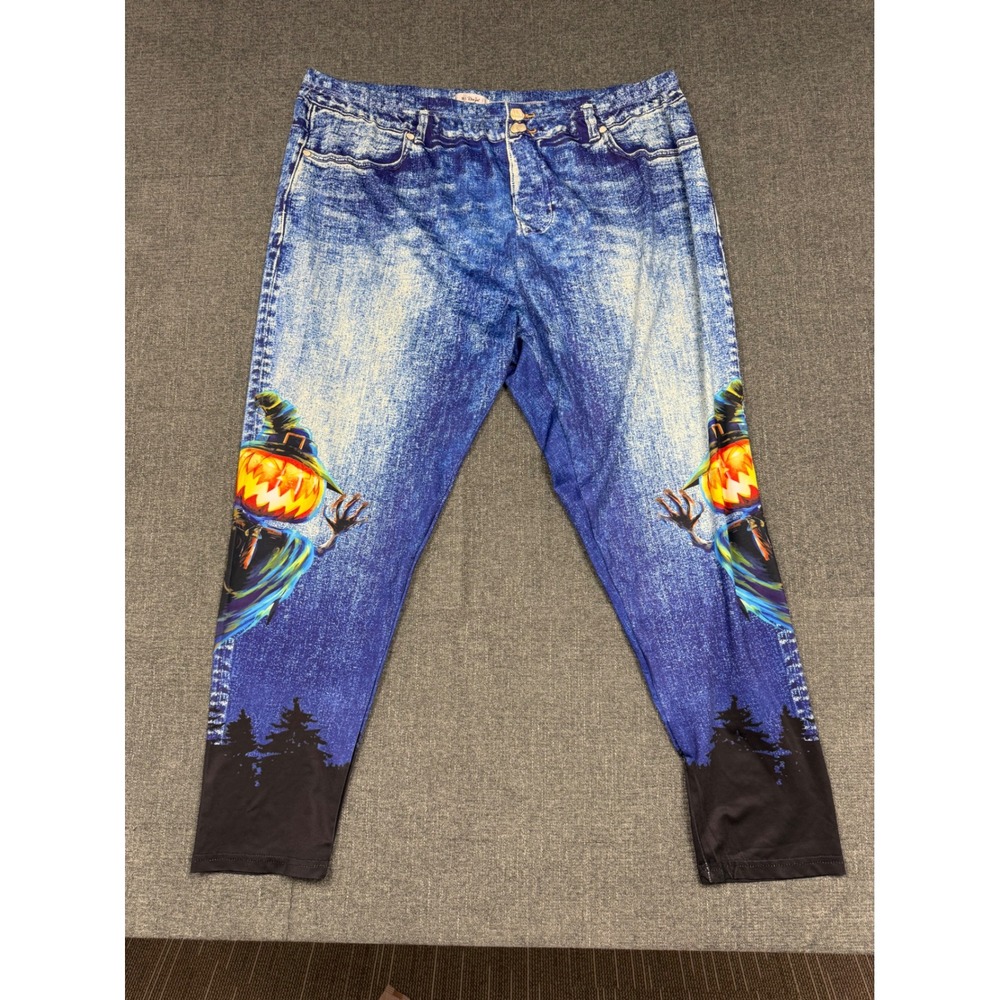 Rosegal Halloween Pumpkin Scarecrow Denim Print Leggings Plus Size 5X Blue